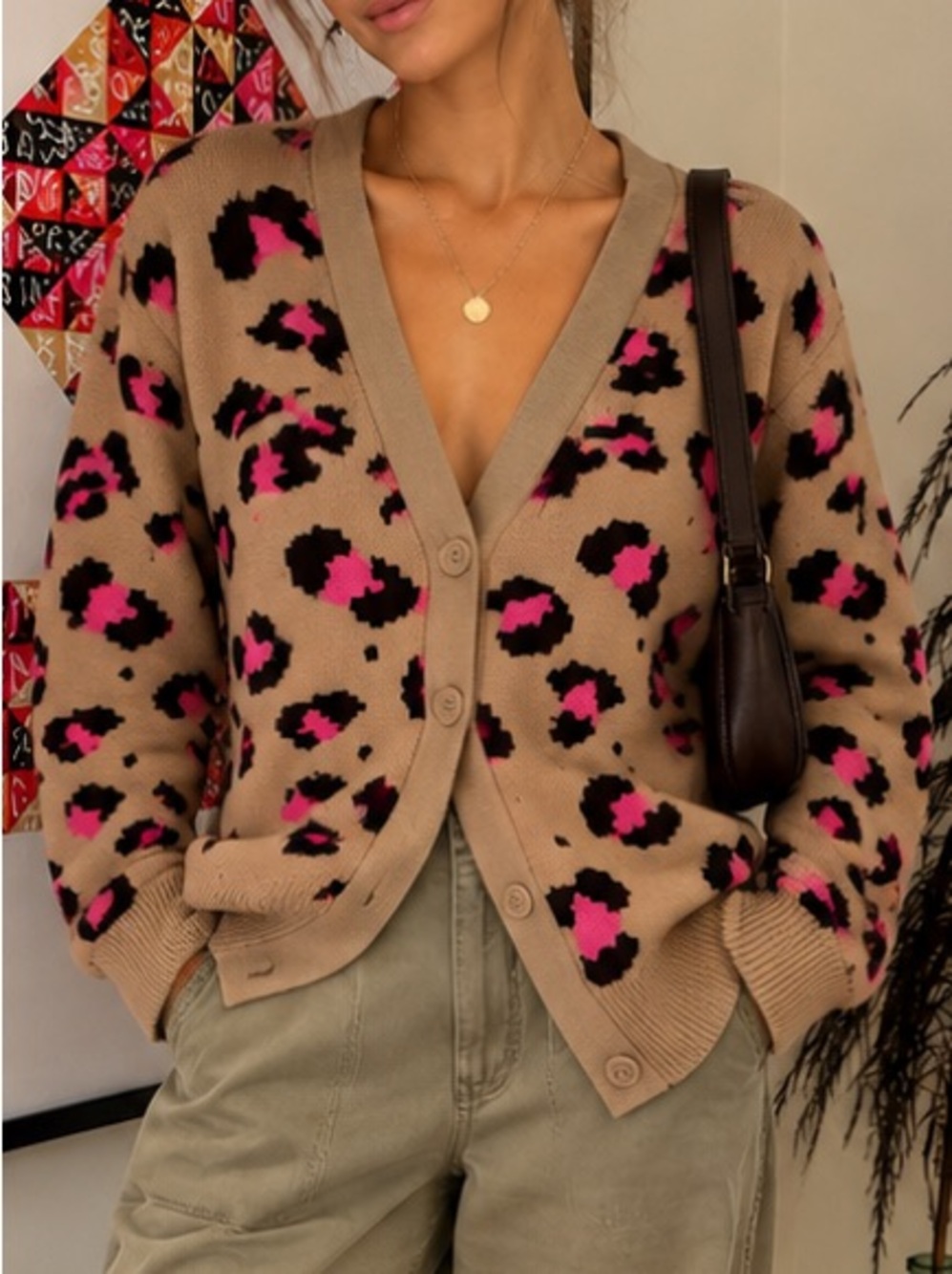 Takeout Beige Leopard-Print V-Neck Cardigan with Pink and Black Spots